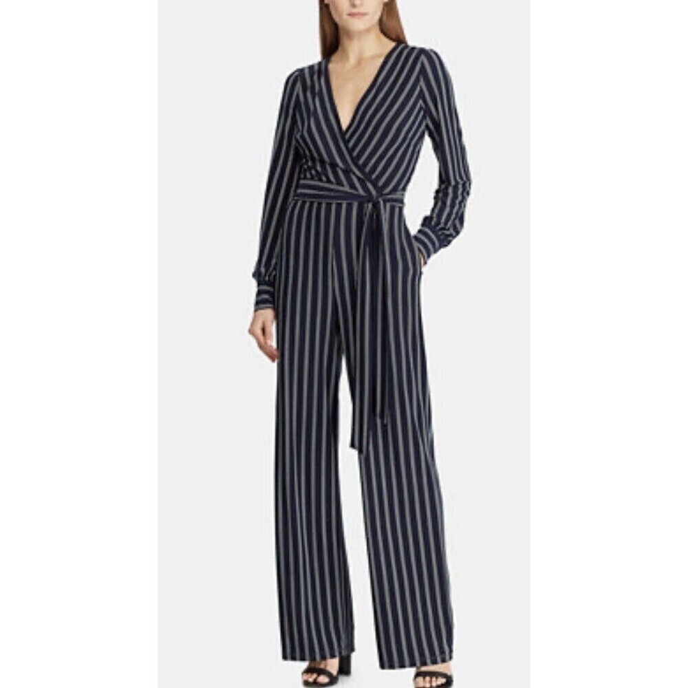 LAUREN RALPH LAUREN Navy Stripe Long Sleeve Jersey Jumpsuit Women 12 Tie Waist
